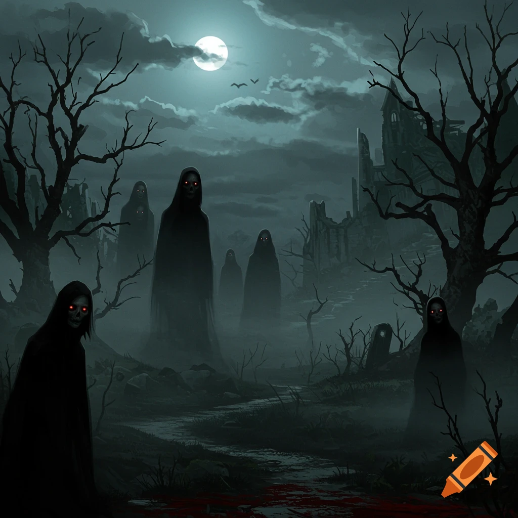 Dark, foggy scene with spectral figures with red eyes under a full moon, surrounded by bare trees and ruined castle, with blood on the ground.