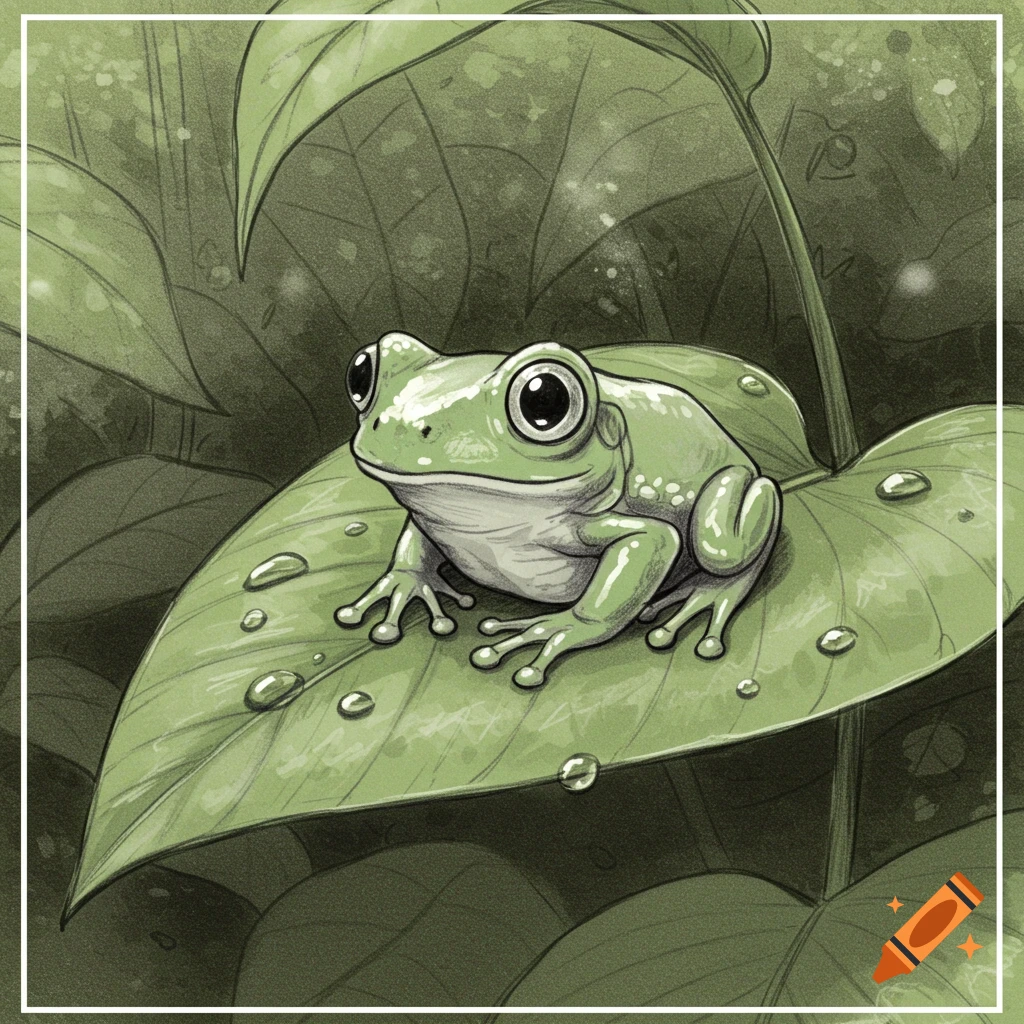 A cute green frog with big black eyes sits on a large wet leaf, with blurred green foliage in the background, in a sketch style.