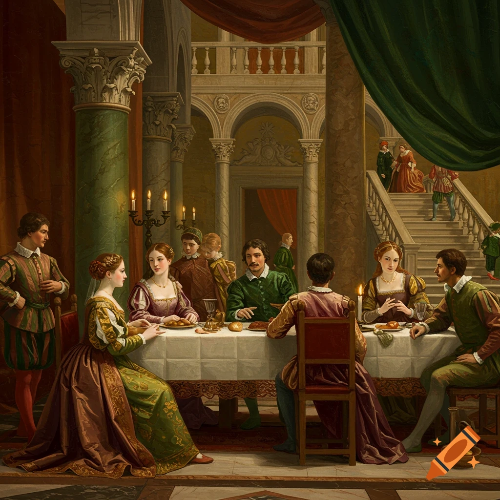 A large painting depicting a Renaissance-era feast in a grand hall with numerous elegantly dressed figures.