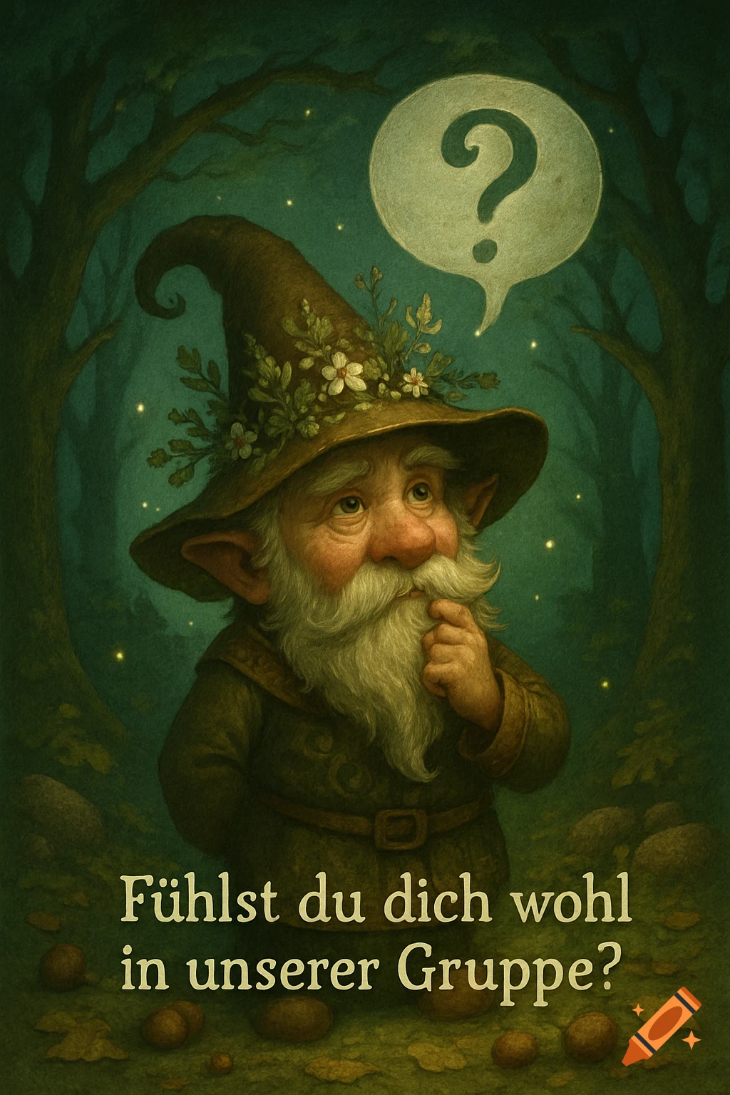 A thoughtful, bearded gnome in a floral wizard hat in a magical forest, with a question mark speech bubble and text: 'Fühlst du dich wohl in unserer Gruppe?'