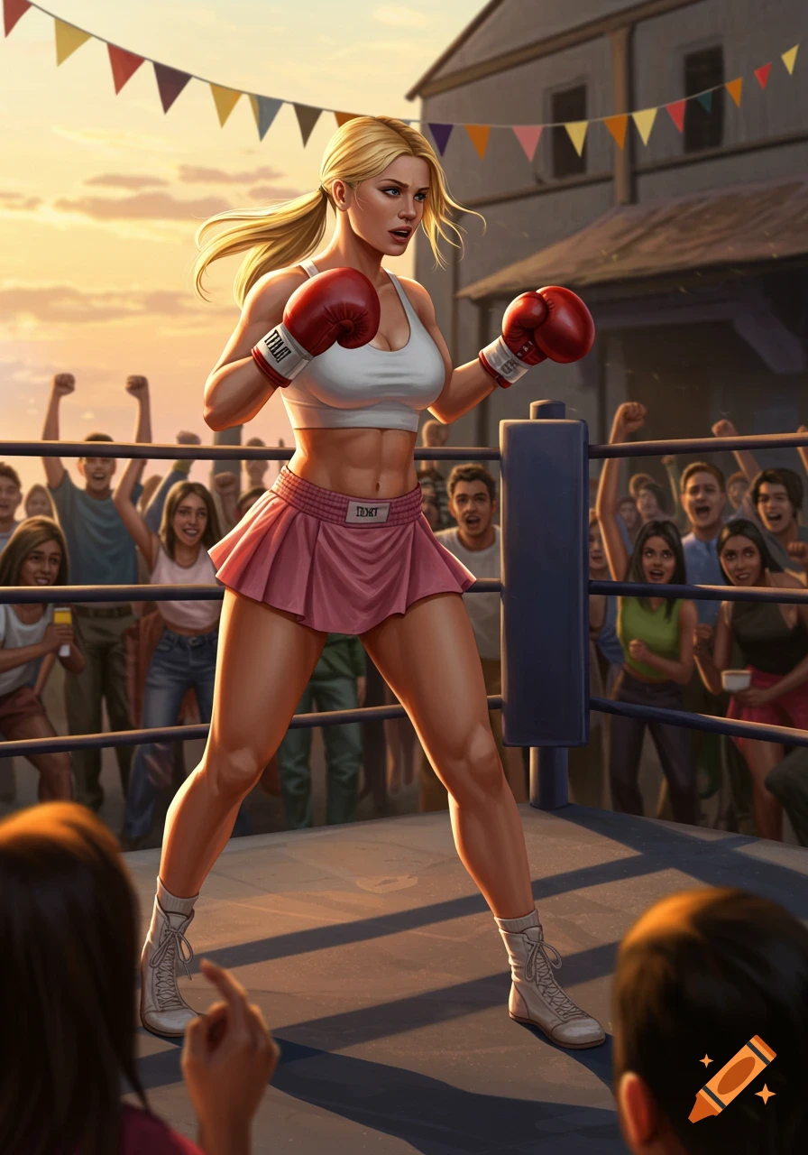 A female boxer with blonde hair in a ponytail, wearing a white sports bra and pink skirt with red boxing gloves, stands in a boxing ring, surrounded by a cheering crowd at sunset. The art style is illustrative.