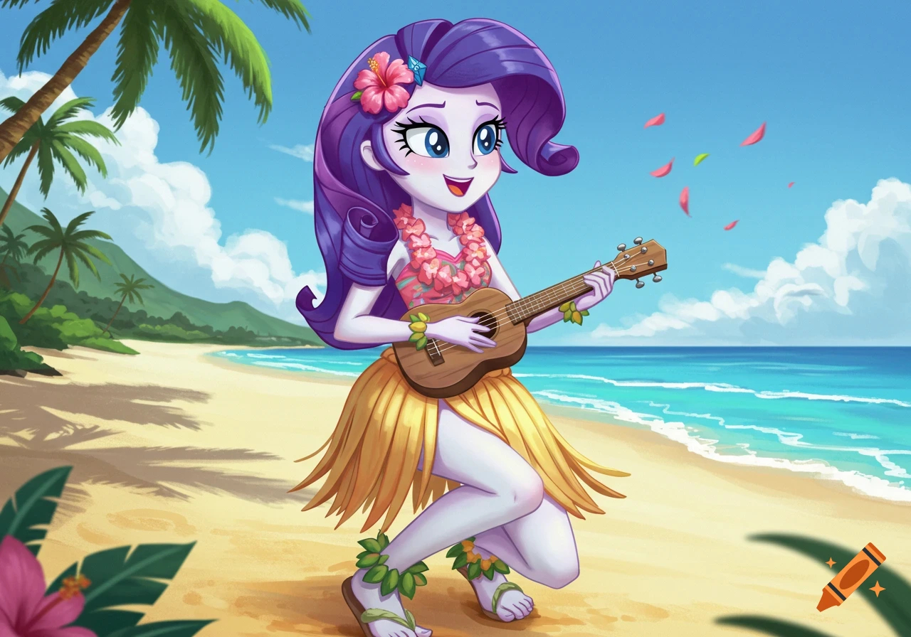 Rarity from Equestria Girls plays a ukulele in a hula skirt on a sunny beach with palm trees.