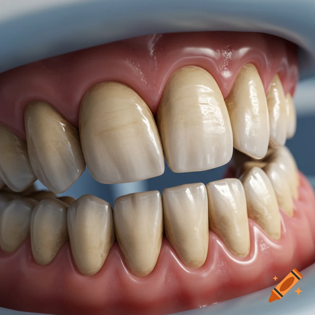 Close-up of realistic yellow and dull human teeth and pink gums.