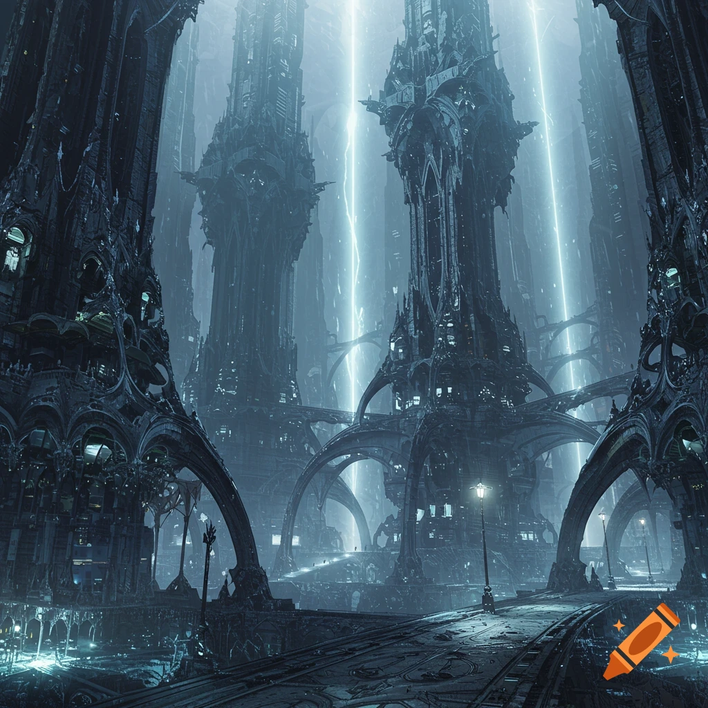 A dark, futuristic city with towering, intricate gothic architecture and glowing lightning in a digital painting style.