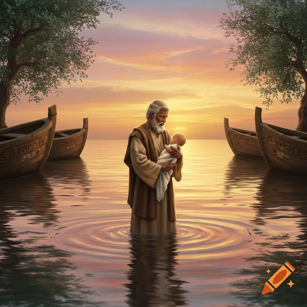 An old man in robes holds a swaddled baby in calm water at sunset, flanked by wooden boats under trees.