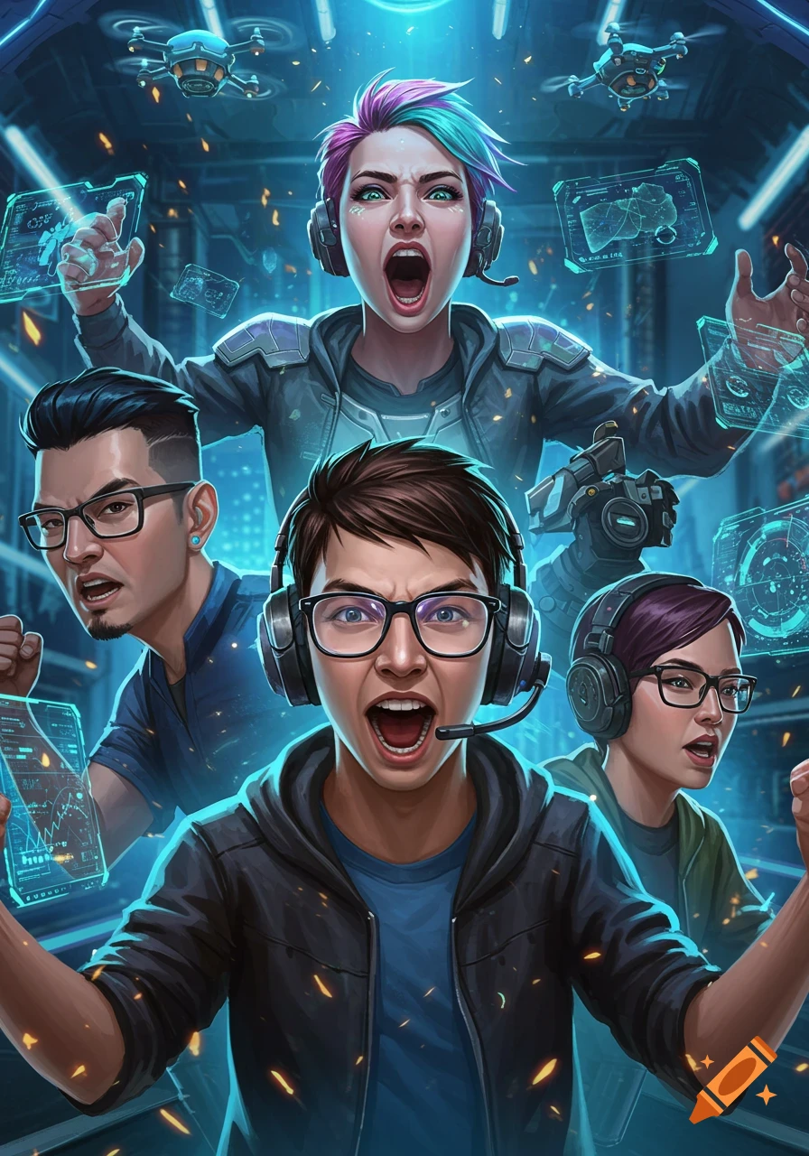 A vibrant digital art image of a diverse gamer squad with headphones ...
