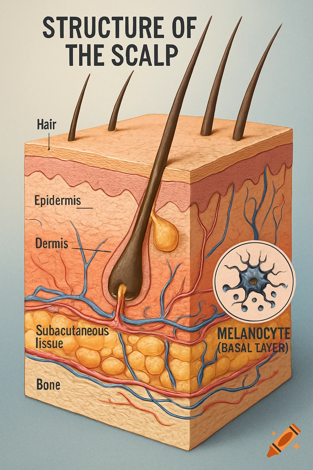 A detailed medical illustration showing a cross-section of the human scalp with labels for hair, epidermis, dermis, subcutaneous tissue, bone, and a melanocyte.