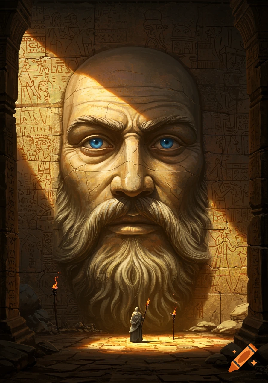 A large stone head with blue eyes and a thick beard is carved into an ancient wall covered in hieroglyphs. A robed figure stands before it, holding a torch, illuminated by a beam of light.