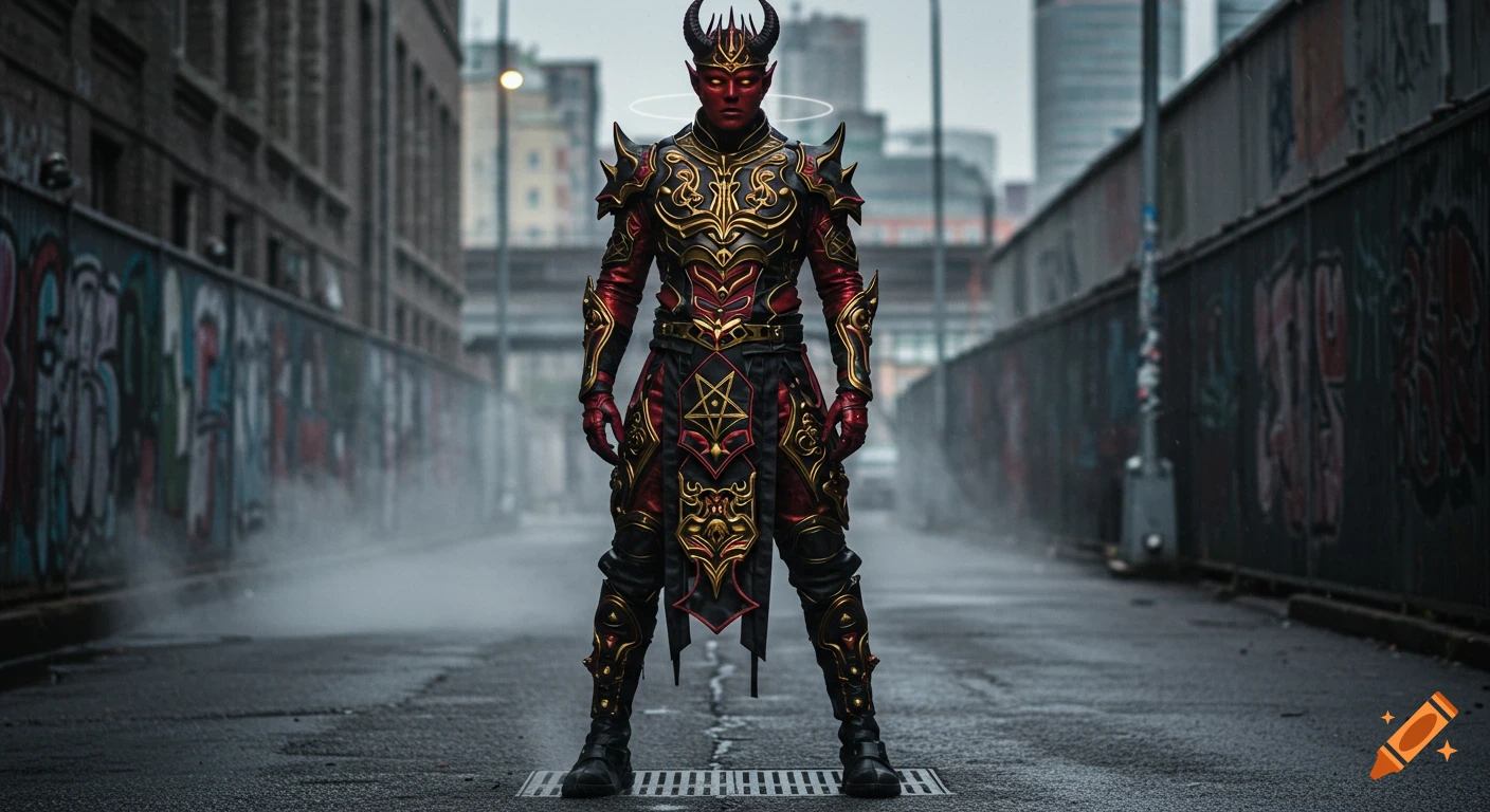 A photorealistic demon king with red skin, horns, and a halo, in ornate red and gold armor with a pentagram, in a misty urban alley.