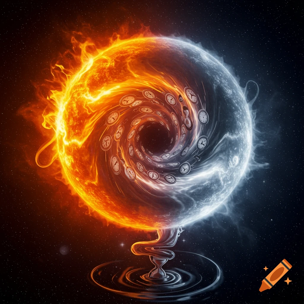 A fiery orange sun and an icy blue moon swirl into a vortex filled with clocks and hourglasses against a star-filled space background.