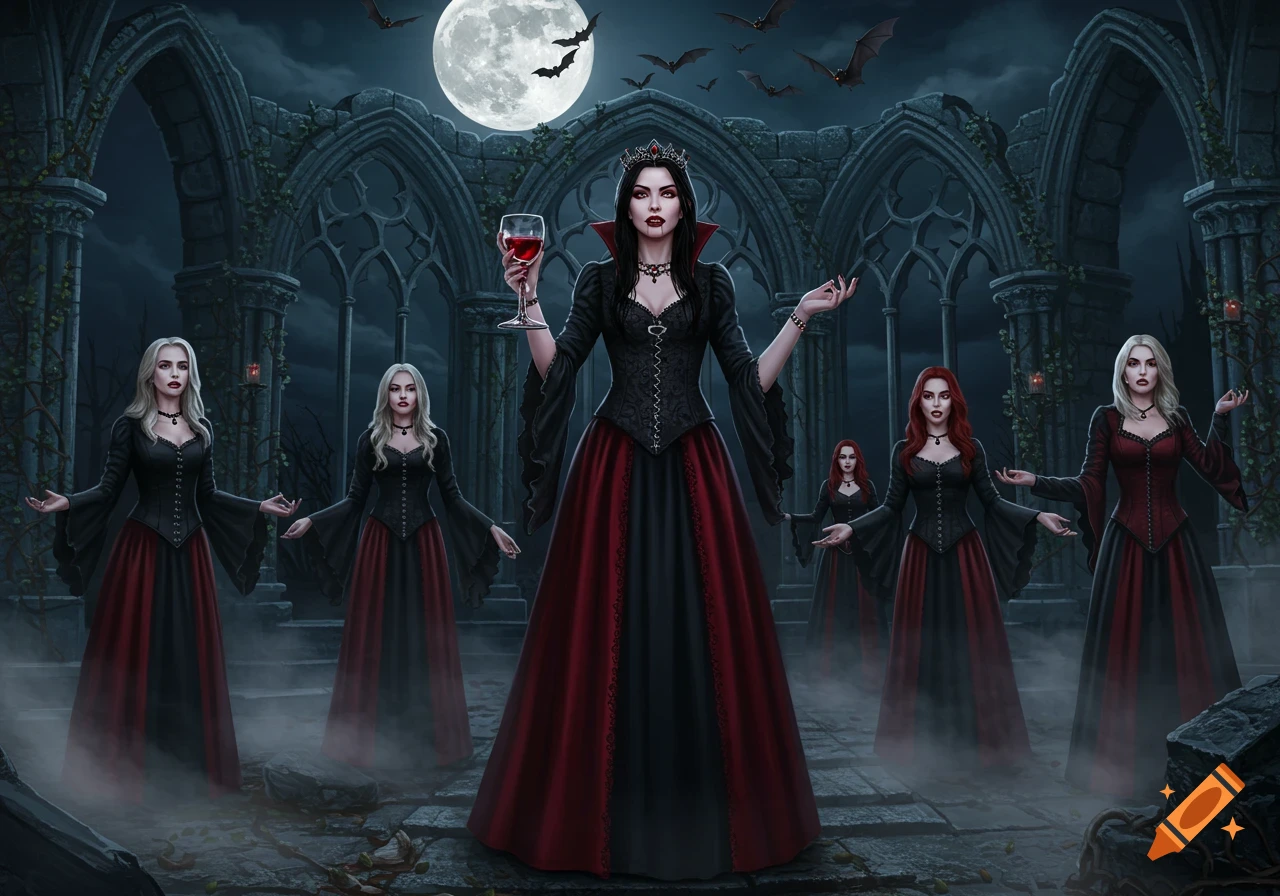 A vampire queen in a black and red gown holds a goblet, surrounded by her coven in gothic ruins under a full moon with bats.