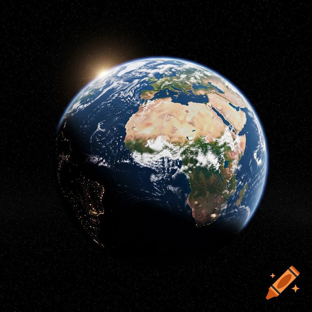 Photorealistic view of Earth from space, showing Africa and Europe illuminated by a sunrise, with city lights visible on the night side of South America and stars in the background.