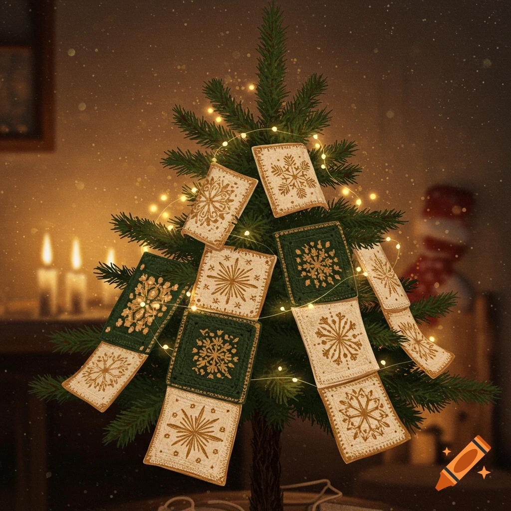 A small Christmas tree decorated with square green and white crocheted patches featuring snowflake patterns, illuminated by fairy lights.