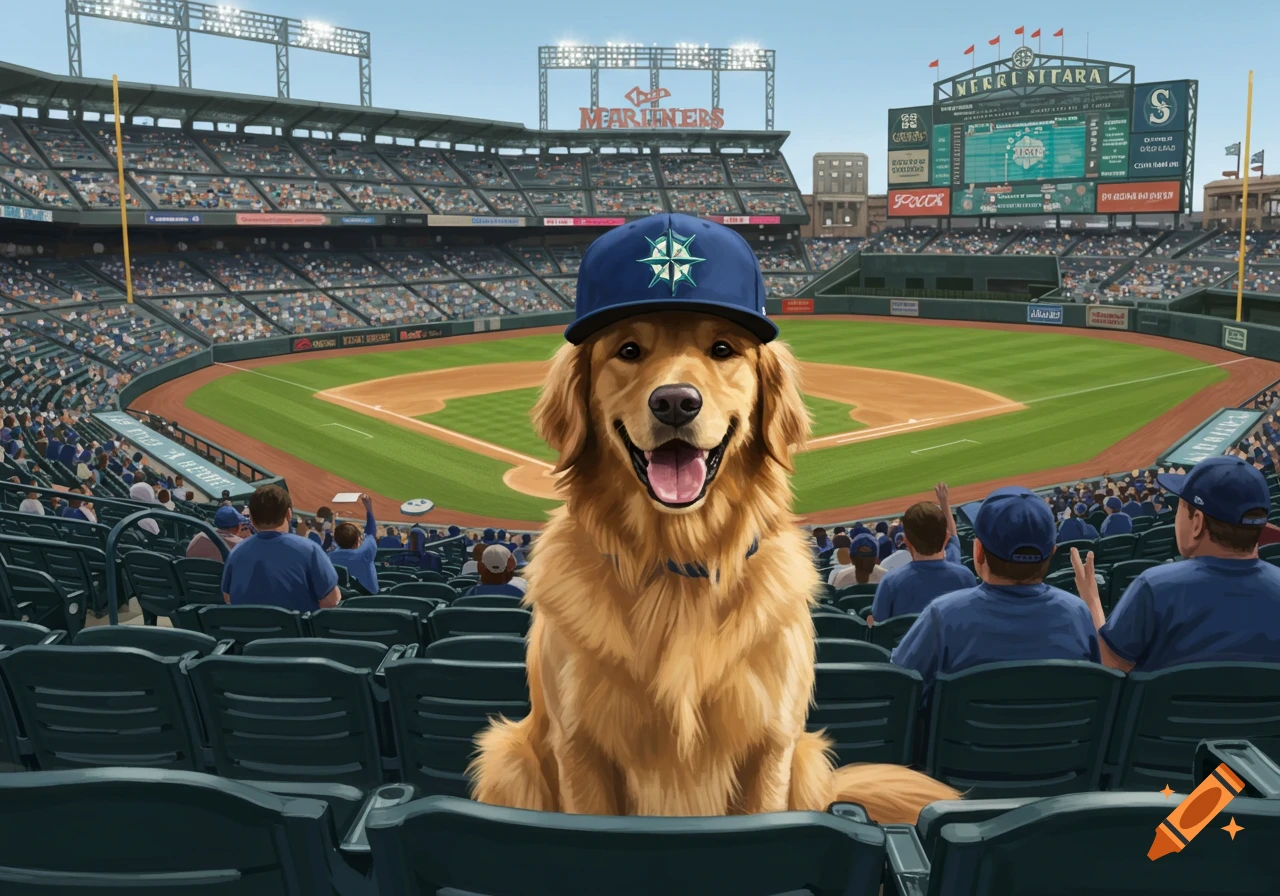 A smiling golden retriever dog wearing a Seattle Mariners baseball cap sits in the stands of a packed baseball stadium, looking directly forward.
