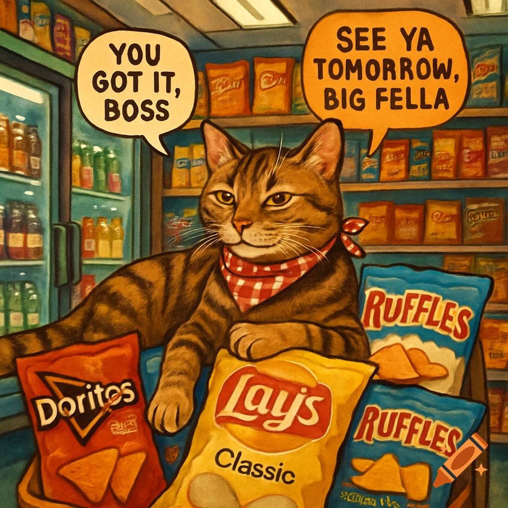 A cartoon tabby cat wearing a red bandana reclines among bags of Doritos, Lay's, and Ruffles in a bodega, with speech bubbles saying "YOU GOT IT, BOSS" and "SEE YA TOMORROW, BIG FELLA".