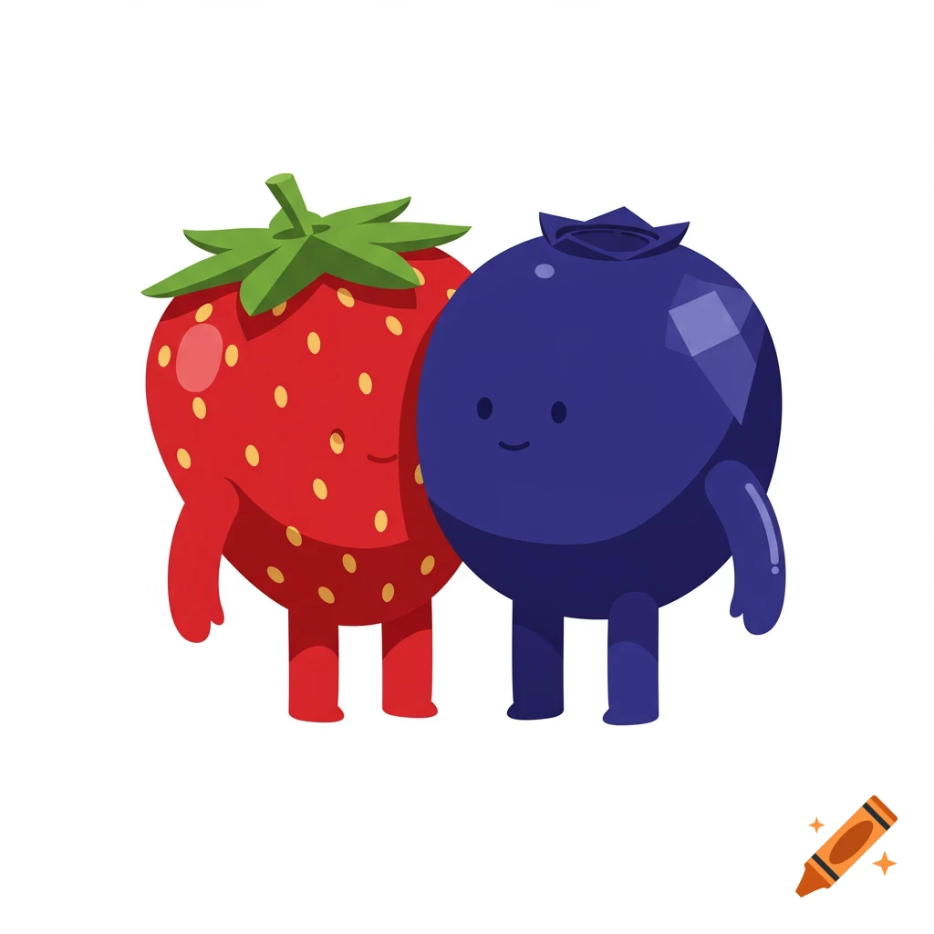 A minimal, graphic illustration of a red strawberry character with arms and legs embracing a blue blueberry character with arms and legs, both smiling.