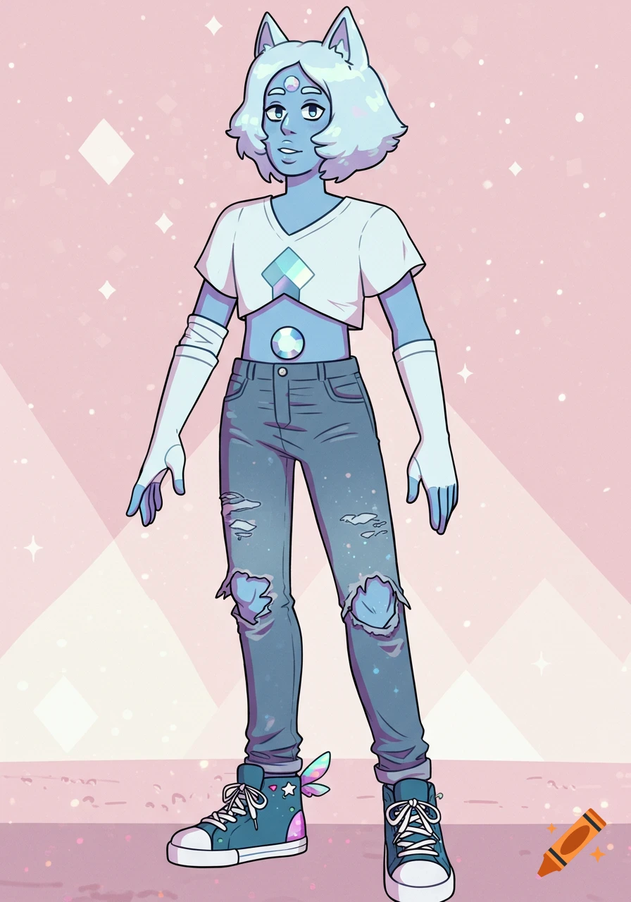 A blue-skinned cartoon character with cat ears, light blue hair, a white crop top, ripped jeans, and winged sneakers stands against a pink sparkly background.