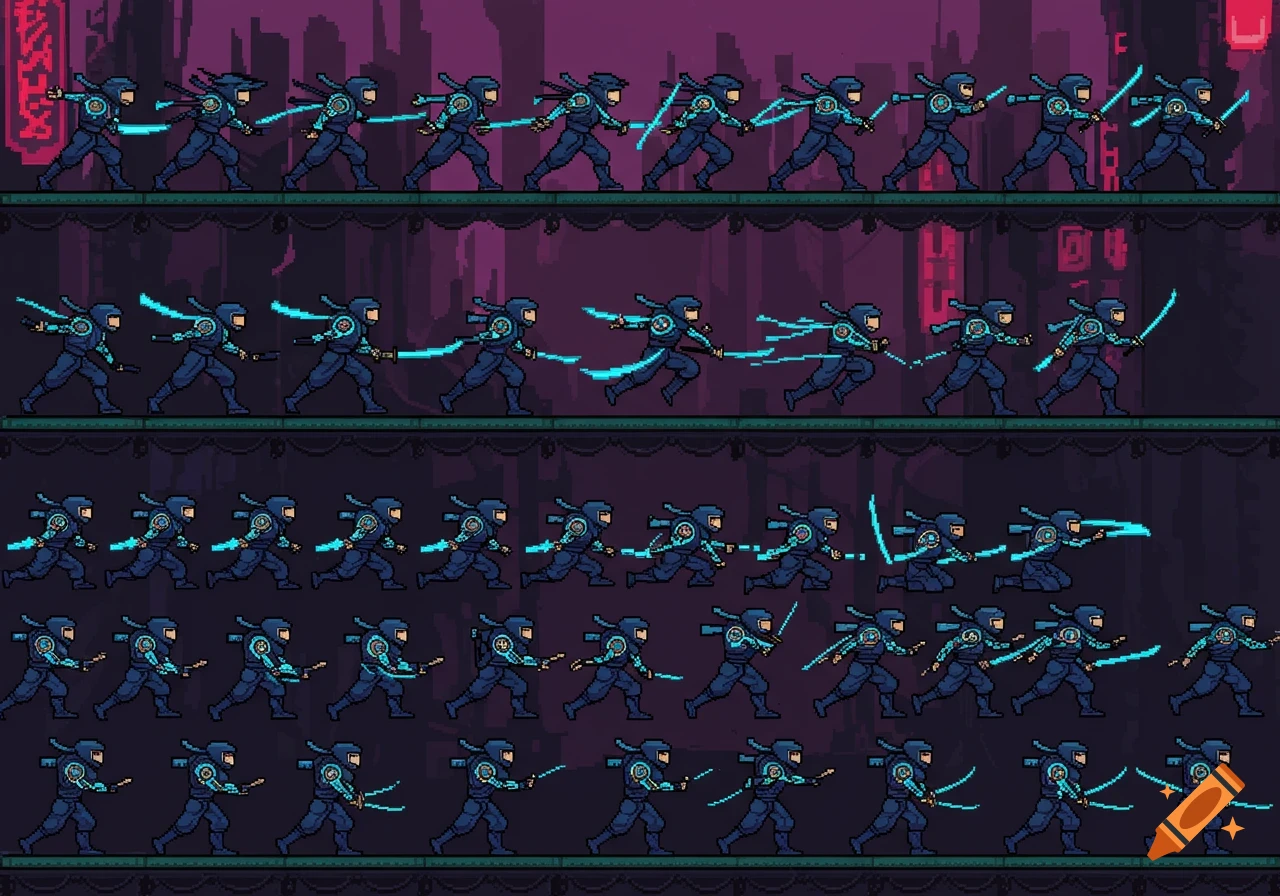 A pixel art sprite sheet showing a cyberpunk ninja with neon blue accents in various running, slashing, and jumping poses against a dark city background.