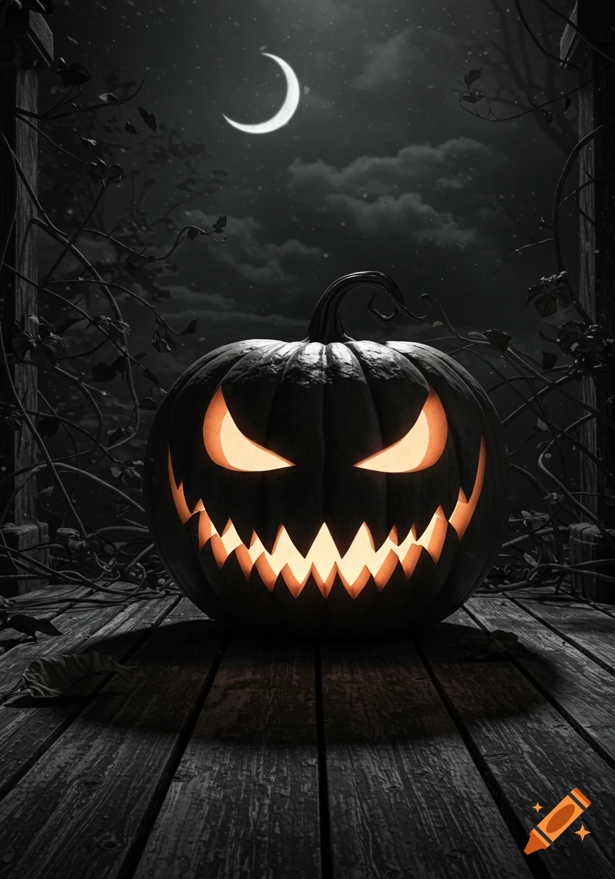 A spooky jack-o'-lantern with glowing eyes and jagged teeth sits on dark wood under a crescent moon at night.
