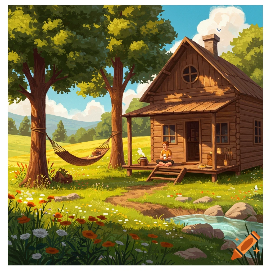 Illustration of a tranquil log cabin nestled in nature, with a person sitting on the porch and another relaxing in a hammock, by a stream.