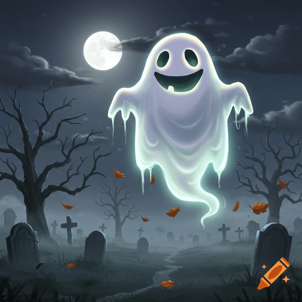 A cheerful cartoon ghost floats above a foggy graveyard with bare trees and a full moon.