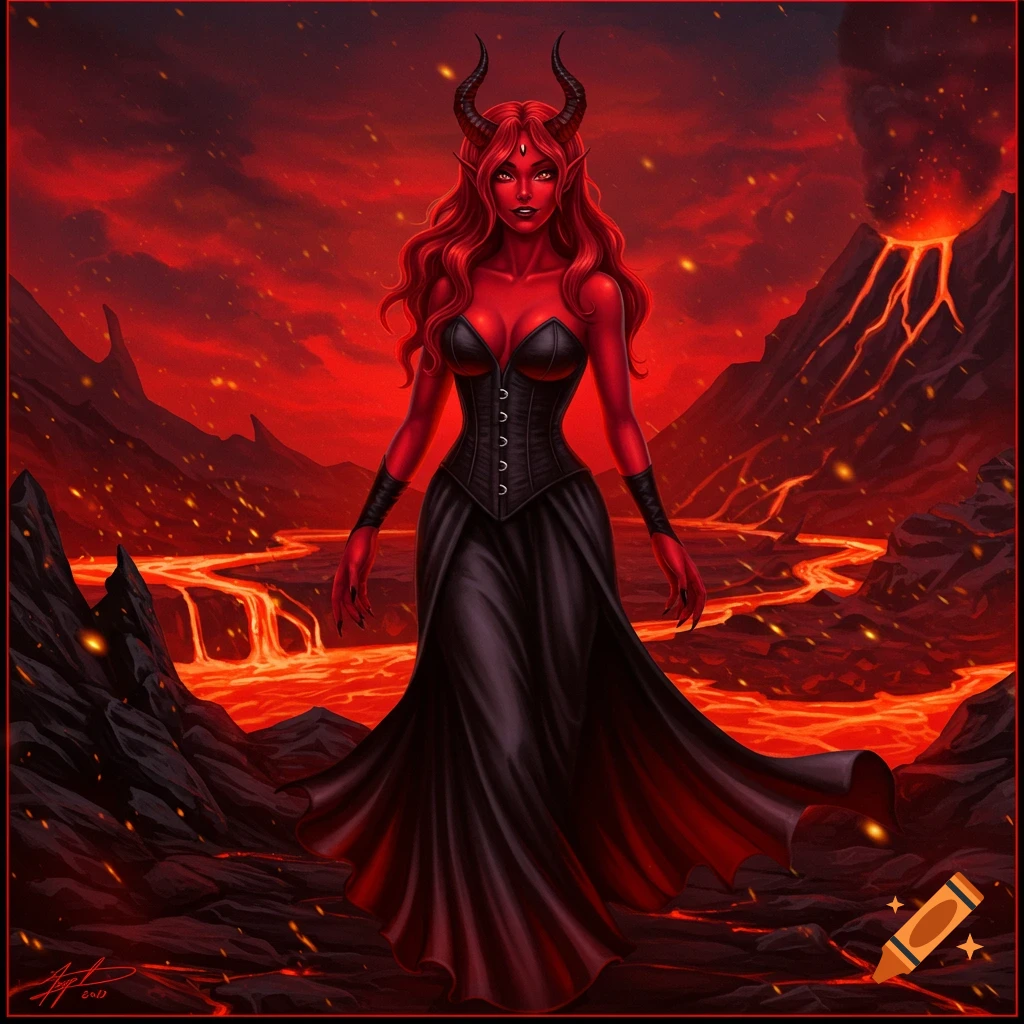 A red-skinned demoness with horns, wearing a black corset and flowing dress, stands in a volcanic landscape with lava, digital art.