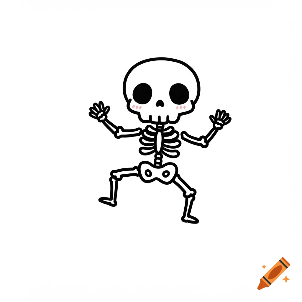 A cute, minimalist black and white cartoon skeleton with pink cheeks dancing.