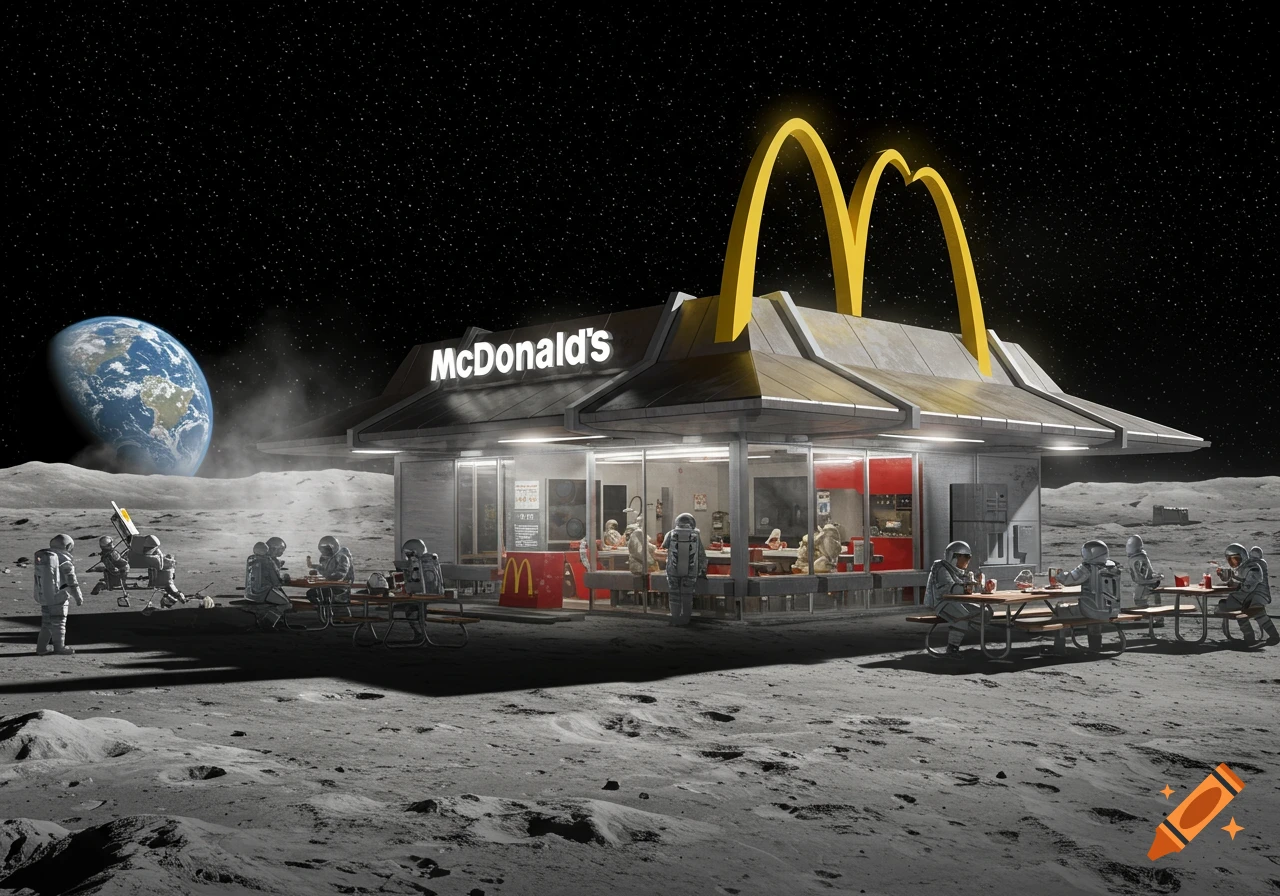 A photorealistic image of a brightly lit McDonald's restaurant on the moon with astronauts eating outside and Earth in the background.