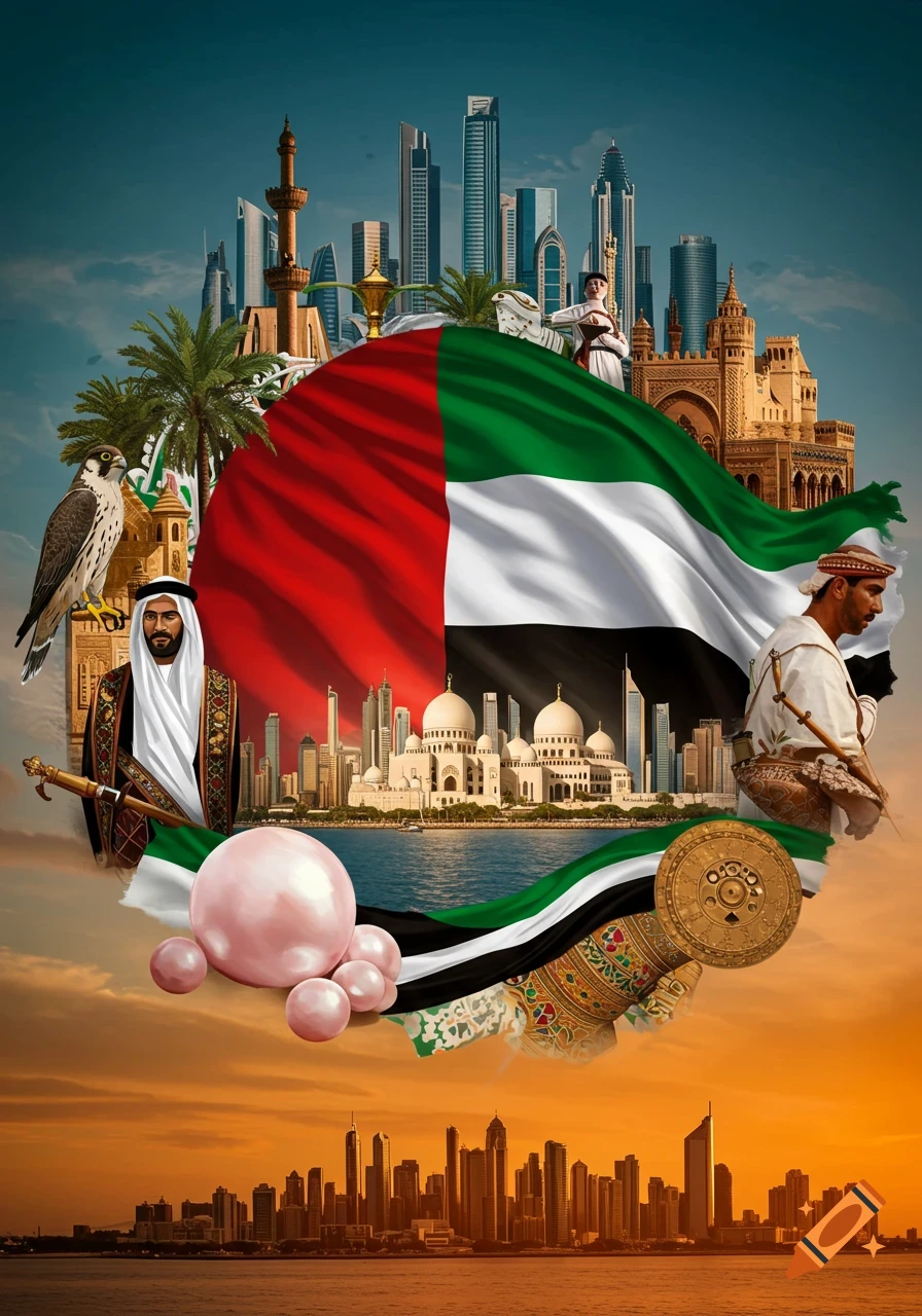 A vibrant digital collage representing Emirati culture, featuring the UAE flag, modern skylines, mosques, traditional men, falcons, and pearls.