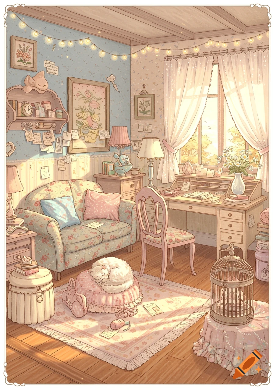 A cozy, sunlit room in a charming cottagecore style, featuring a floral sofa, a desk by a window, and a white cat sleeping on a pink cushion.