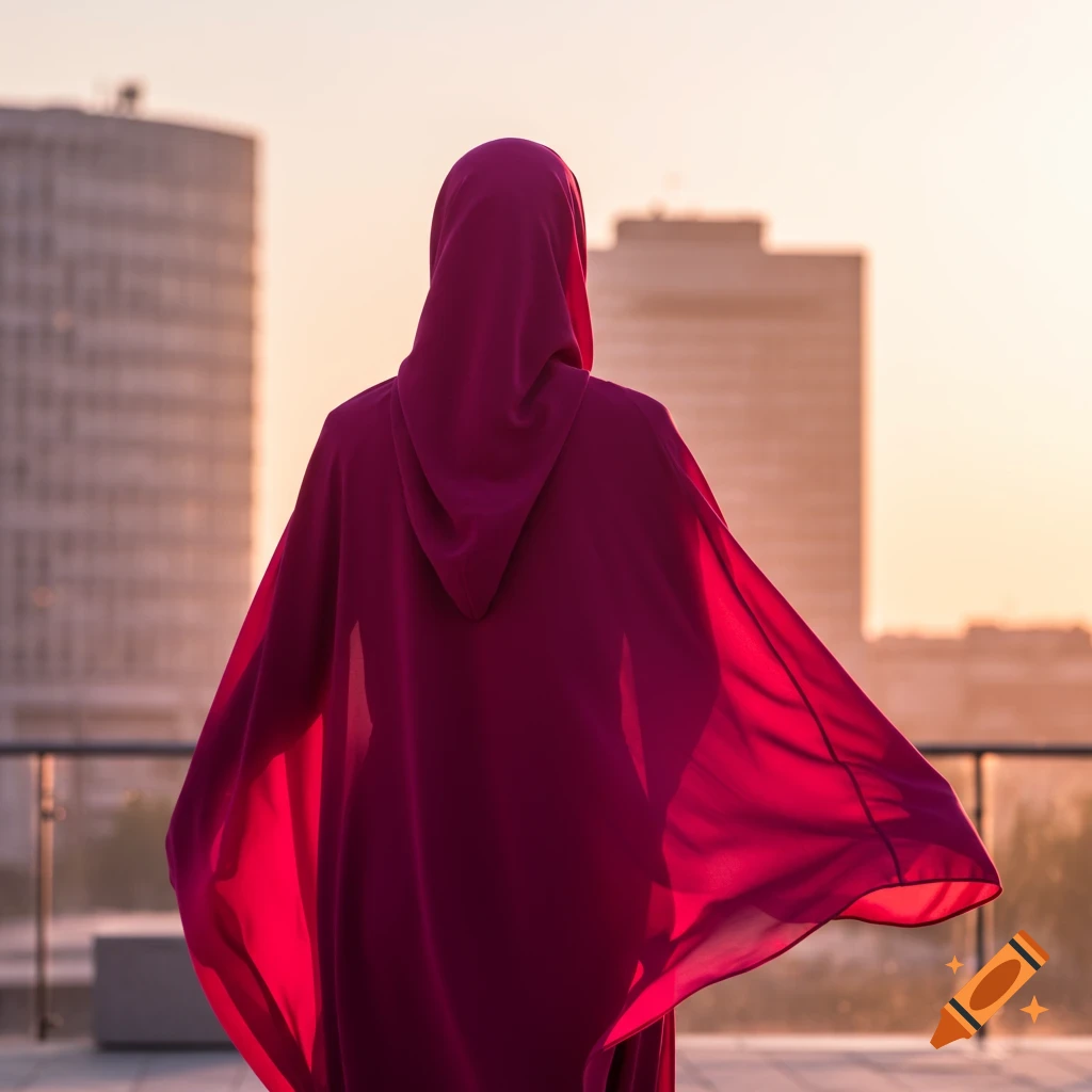 A person in a flowing magenta jilbab stands on a rooftop at sunrise, back to the viewer, overlooking blurred city buildings.