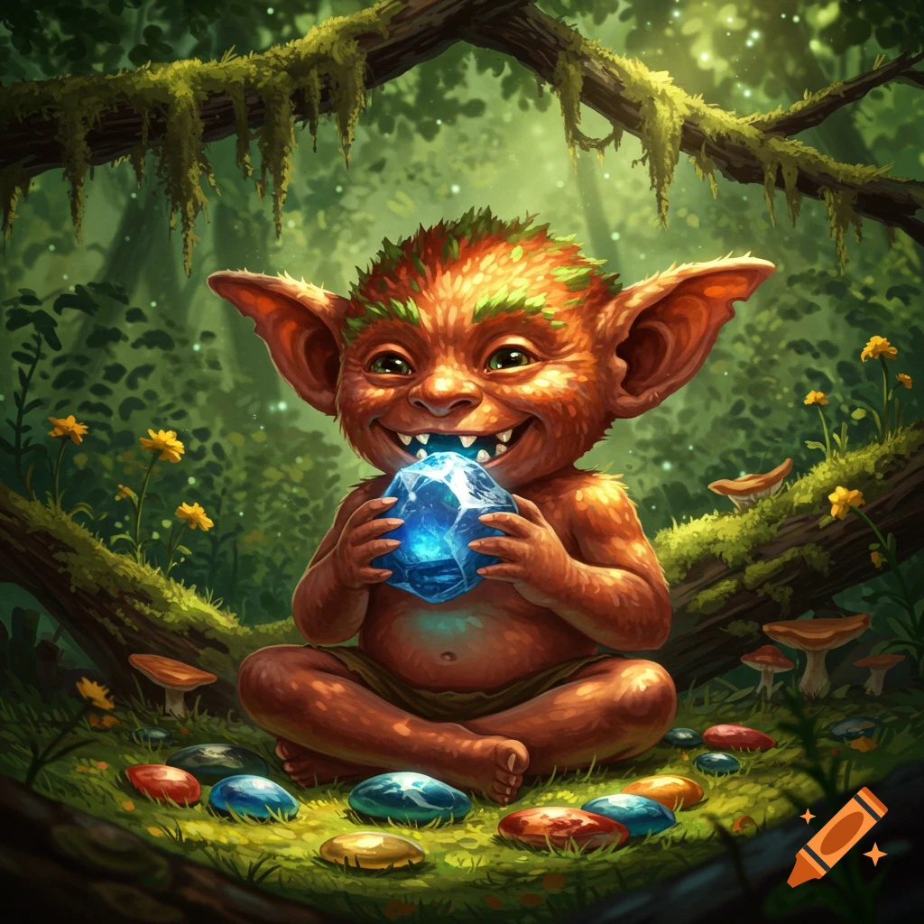 A smiling ginger goblin with large ears sits in a mossy forest, holding a glowing blue crystal with tiny teeth bared, surrounded by colorful smooth stones.