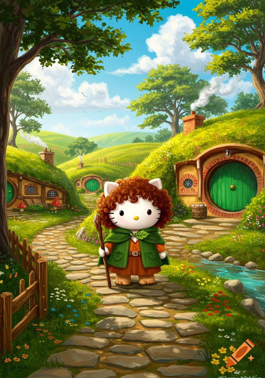 Hello Kitty dressed as a hobbit, holding a staff, on a stone path in a vibrant, illustrative hobbit village.