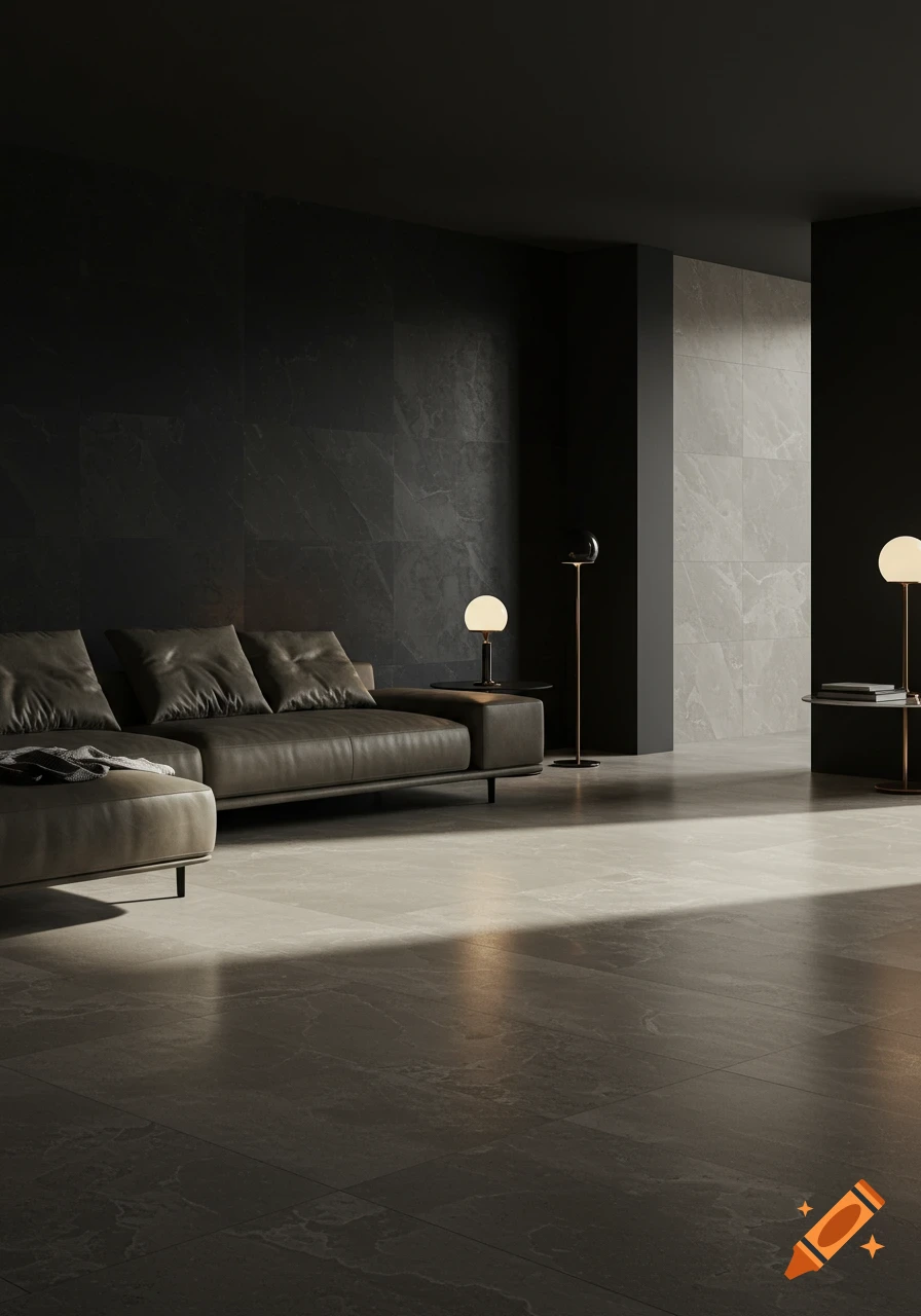 A modern living room with a taupe leather sofa and ottoman, dark gray walls, light gray tiled floor, and two contemporary lamps.