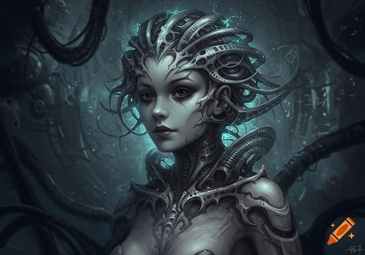 Intricate Giger-style biomechanical portrait of a girl with glowing teal elements, set in a dark, industrial background.