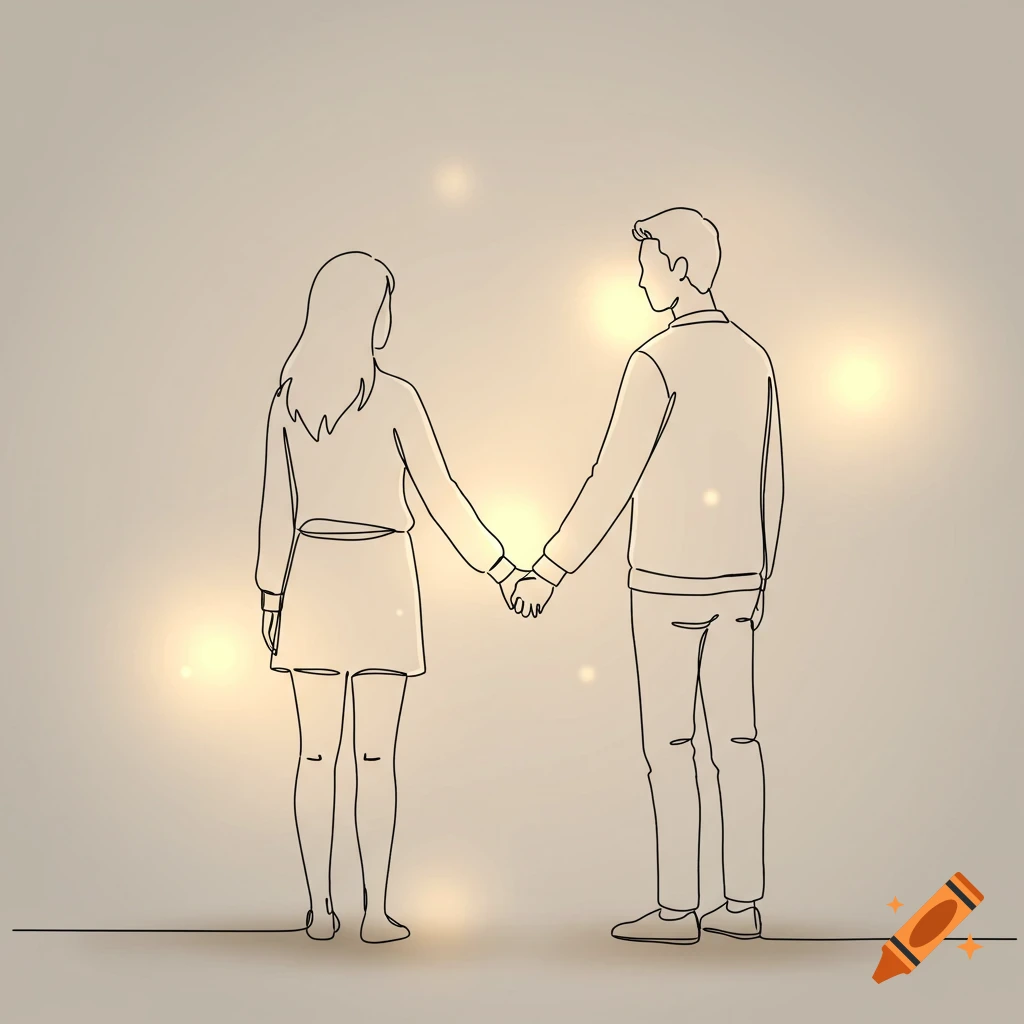 A minimalist line art illustration of a man and a woman holding hands, seen from behind against a glowing background.
