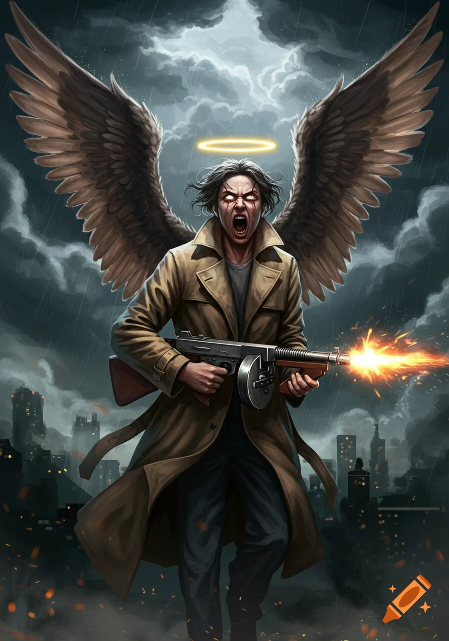 A screaming angel with dark wings and glowing eyes, wearing a trench coat, fires a tommy gun in a dark, rainy city.