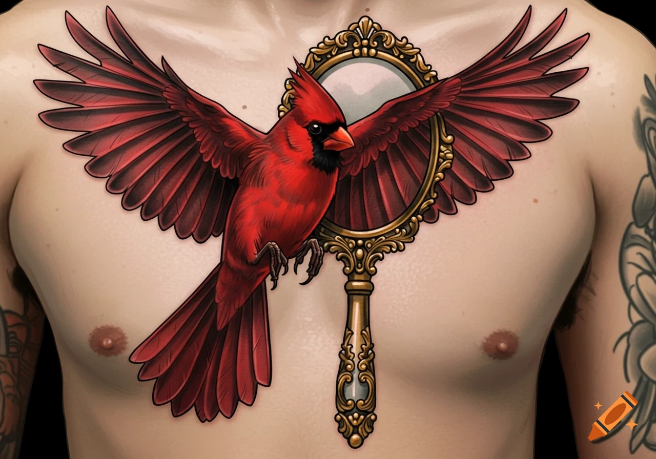Neo-traditional tattoo of a red cardinal bird in mid-flight, its body transforming into a vintage gold mirror, on a person's chest.