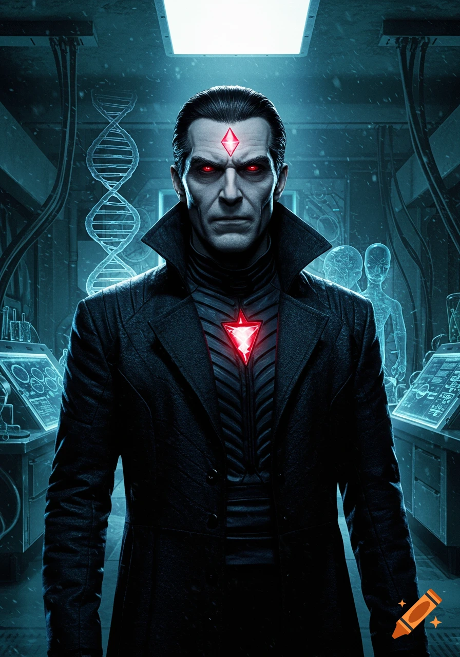 Photorealistic Mr. Sinister with pale skin, red eyes, and a glowing red diamond, wearing a black coat in a high-tech genetic lab.