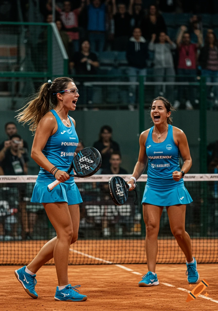 Two female padel players in blue uniforms celebrate on a clay court with spectators in the background, looking excited and holding rackets.