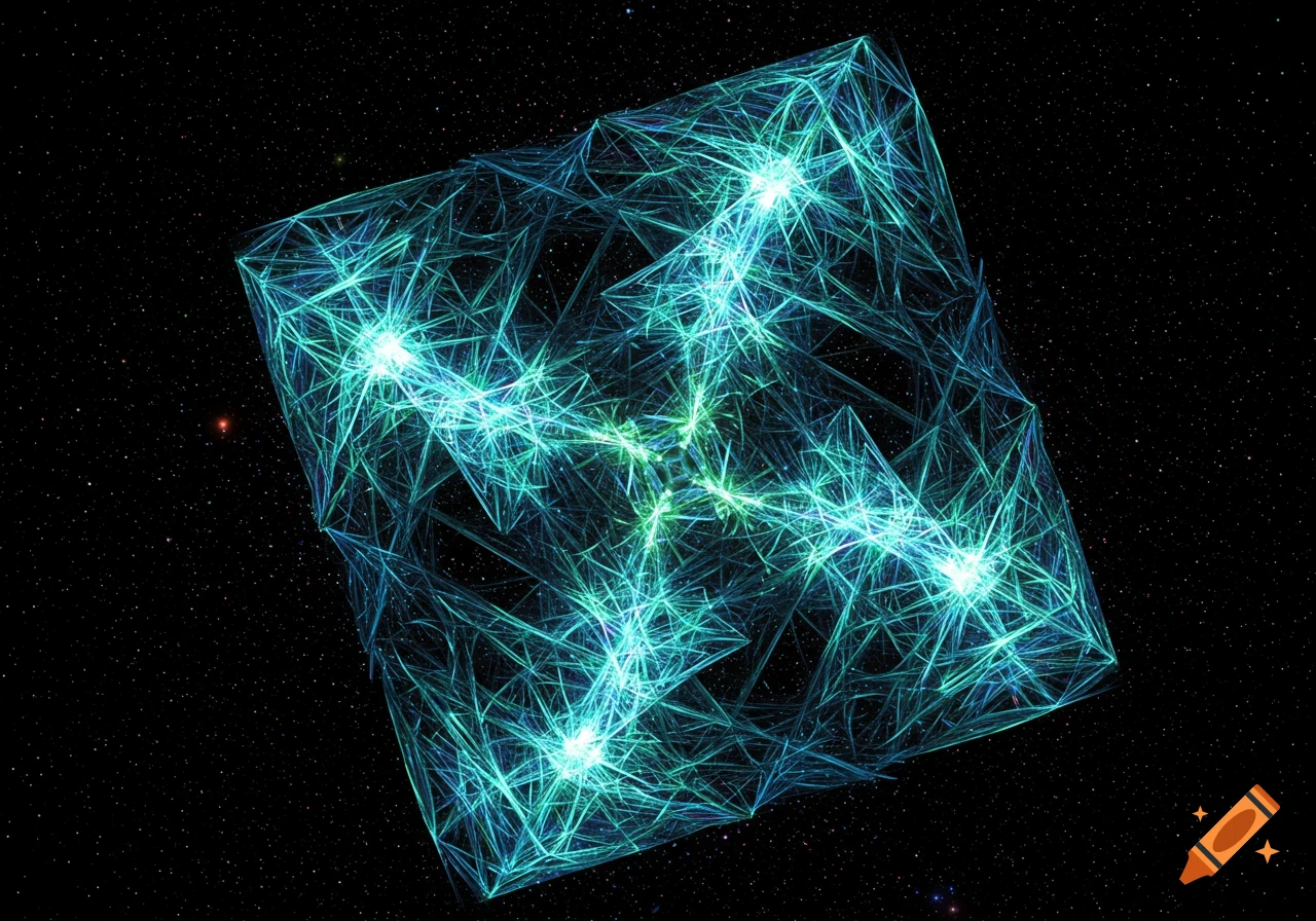 A glowing, intricate blue and green fractal cube-like structure made of many interconnected lines and bright points against a dark starry space background.