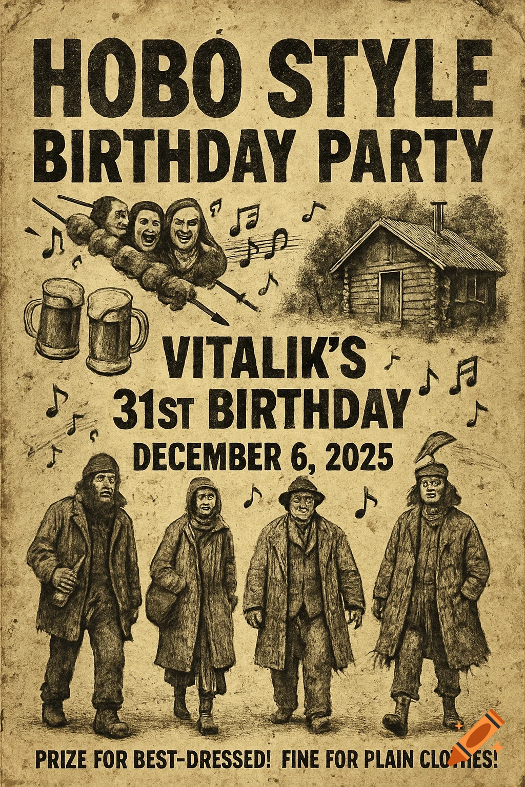 A vintage-style poster for a 'Hobo Style Birthday Party' for Vitalik's 31st birthday on December 6, 2025. It features caricatured faces on a skewer, beer mugs, a cabin, four figures in ragged clothes, and text about a prize for best-dressed and a fine for plain clothes.