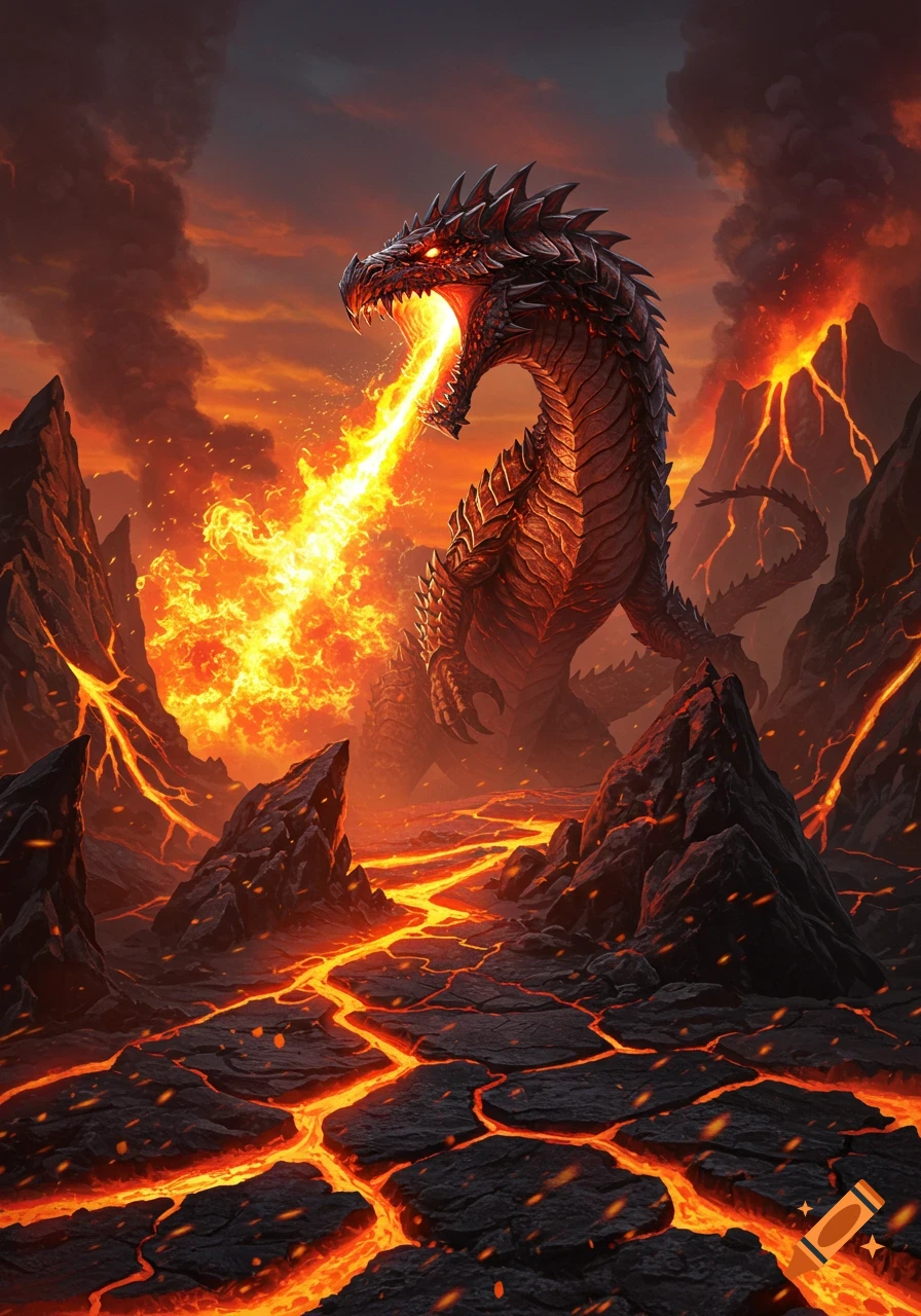 A large, dark dragon breathes a torrent of fire in a volcanic landscape with flowing lava and a fiery orange sky.