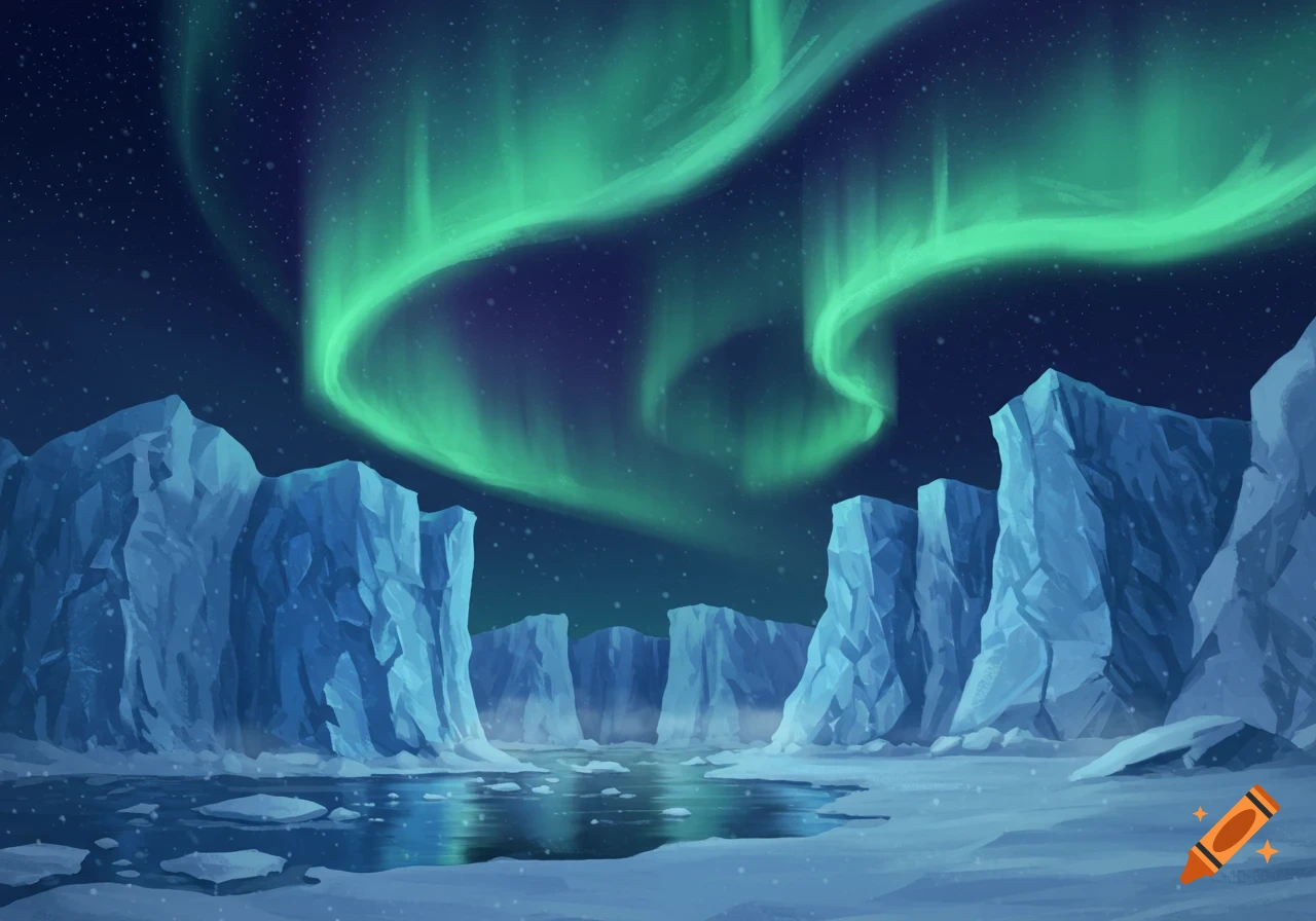 An illustrated view of the aurora borealis over jagged ice cliffs and a partially frozen body of water in an arctic landscape.