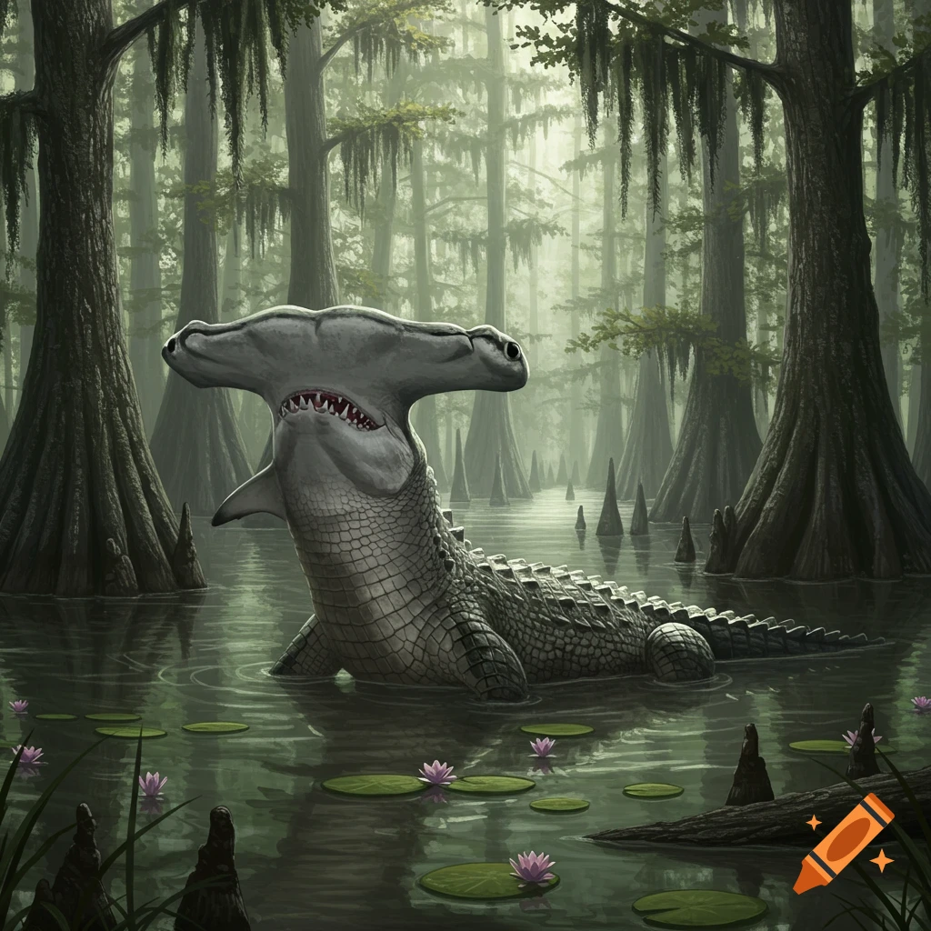 A fantasy creature with an alligator body and a hammerhead shark head swims in a misty cypress swamp with lily pads and pink flowers.