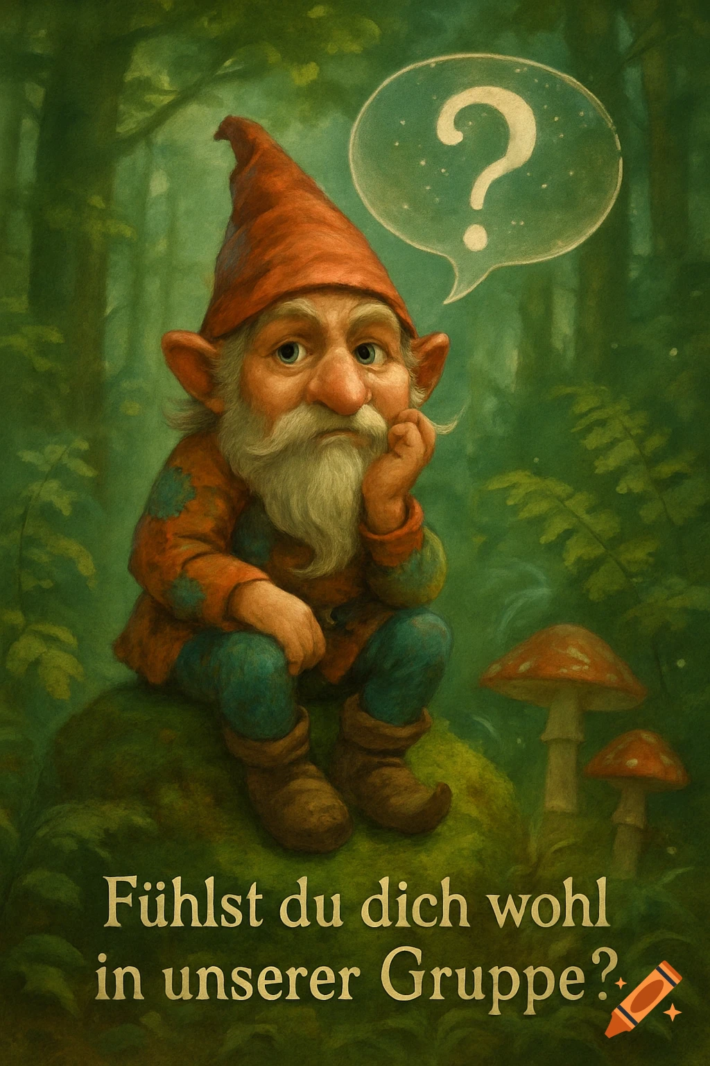 A thoughtful gnome with a red hat and white beard sits in a magical forest. A question mark in a speech bubble and German text 'Fühlst du dich wohl in unserer Gruppe?' are visible.