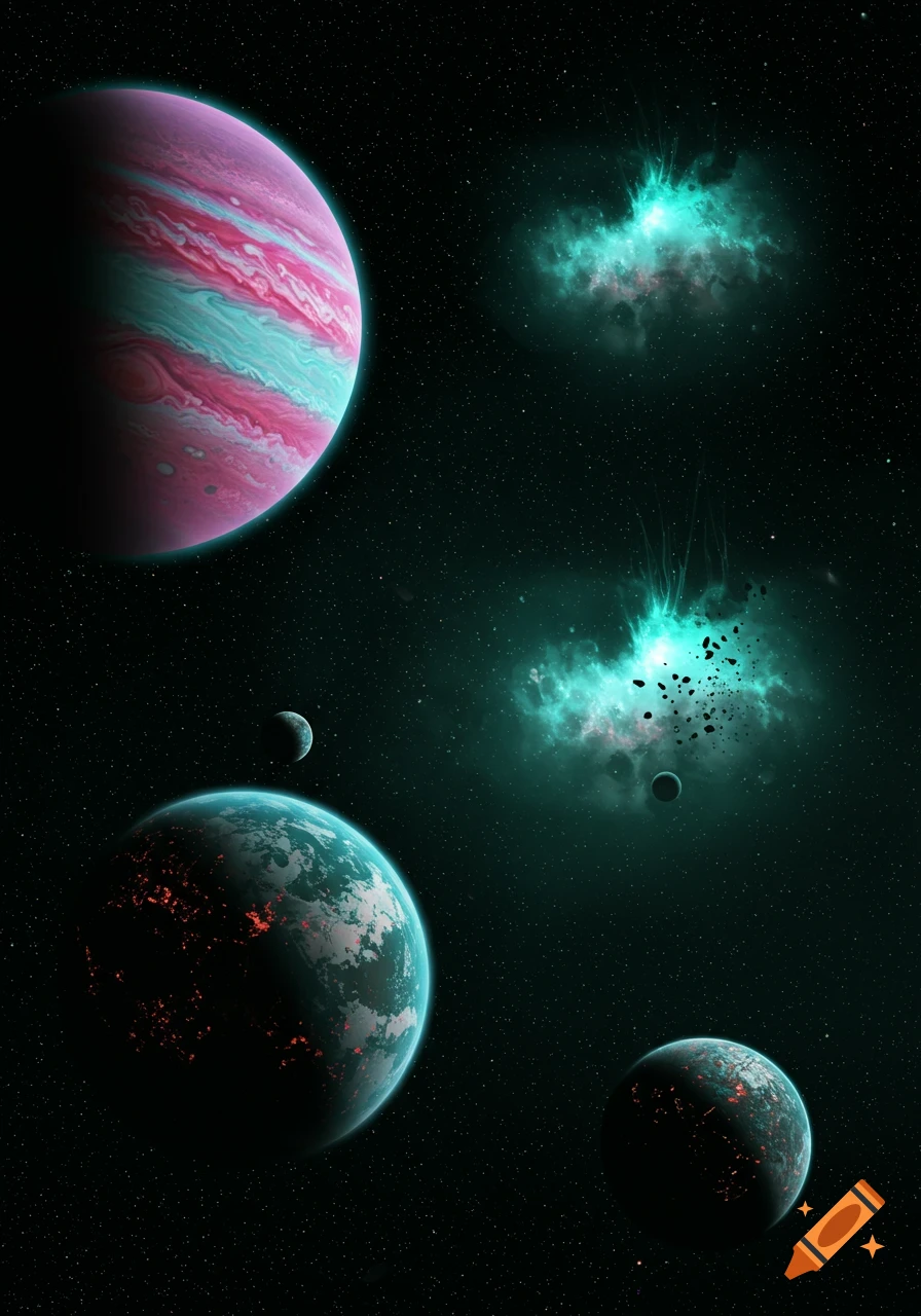 Vibrant digital art of multiple planets in deep space with glowing nebulae against a star-filled black sky.