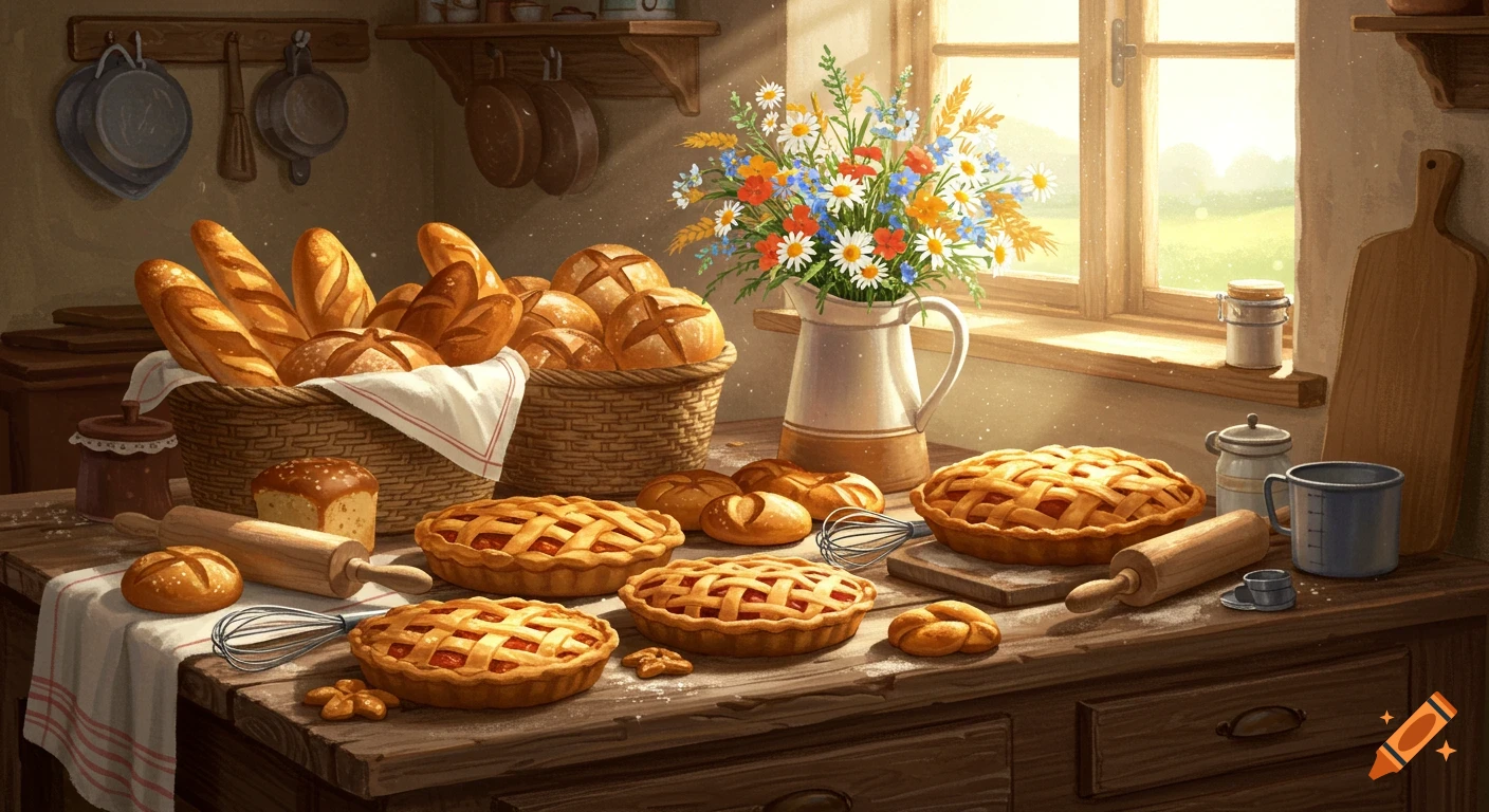 Painterly kitchen scene with baskets of fresh bread, pies, wildflowers, and baking tools on a sunny wooden counter.
