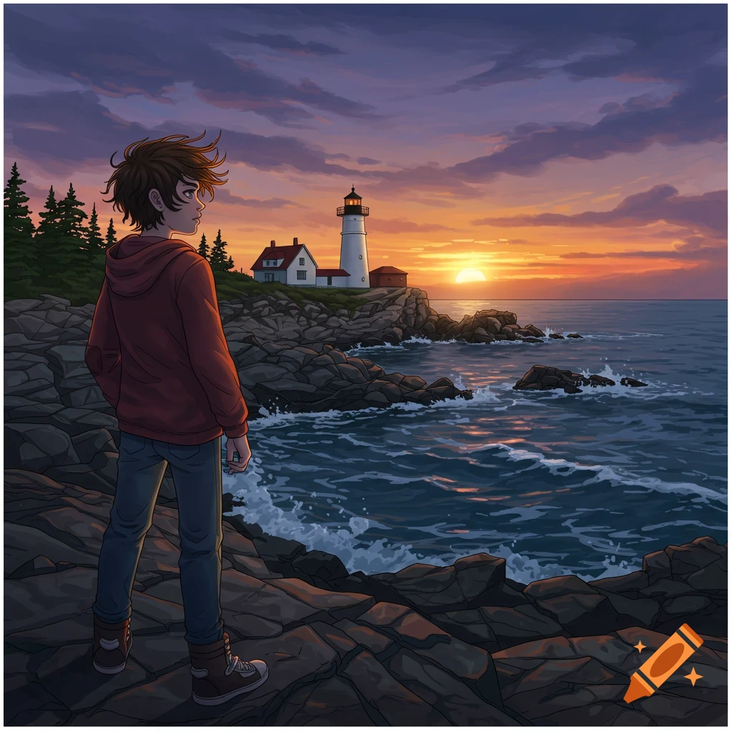 An illustration of a teenager standing on a rocky coast, looking at a lighthouse at sunset.