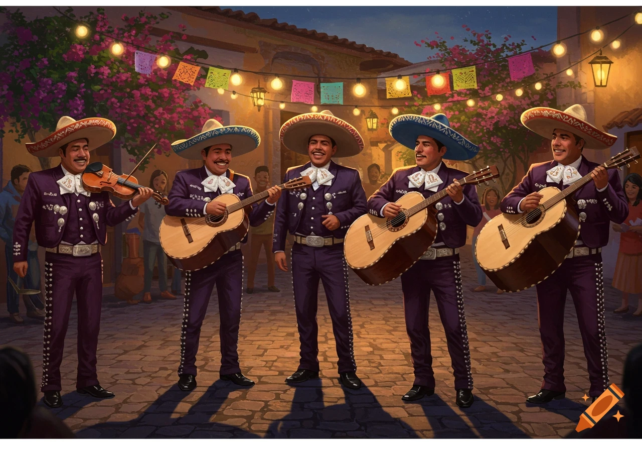 A mariachi band of five men in purple suits and sombreros plays instruments at night under string lights and colorful papel picado.
